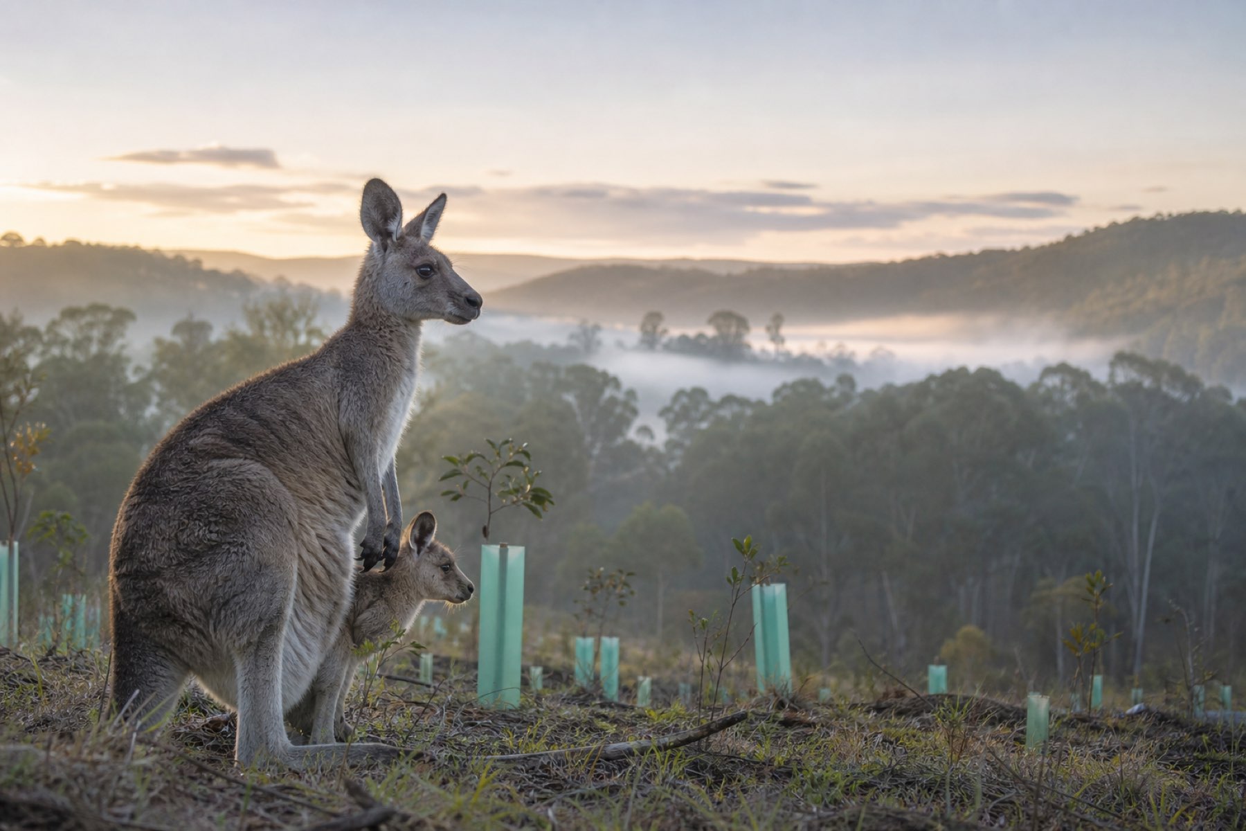 A grey kangaroo at dusk on the edge of the burn